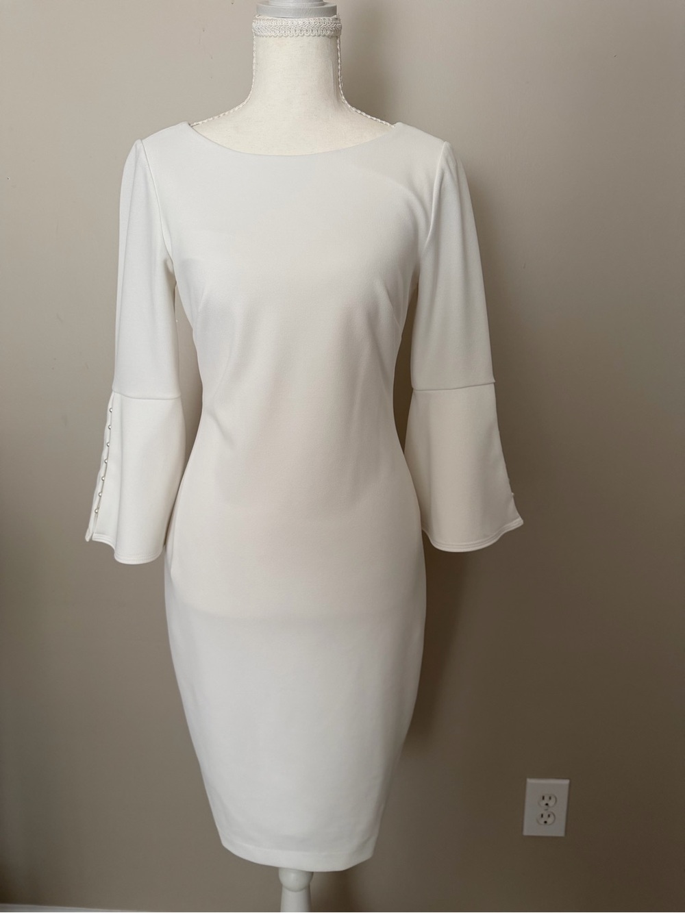 Calvin Klein White Bell-Sleeve Midi Sheath Dress